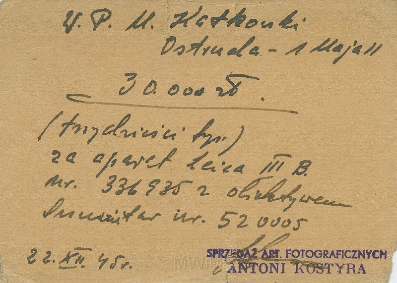 KKE 5525a.jpg - Dok. Wizytówka Zakładu Mechaniki Precyzyjnej Antoniego Kostyra, Warszawa, 22 XII 1945 r.